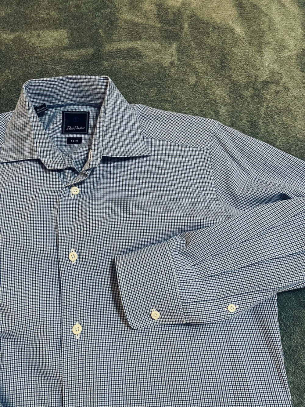 David Donahue mens Cotton dress shirt blue micro check plaid Trim Fit 15 32/33